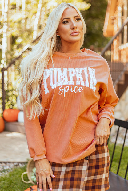 Orangefarbenes Sweatshirt mit Rundhalsausschnitt und Kordelzug und Kürbisgewürz-Grafik
