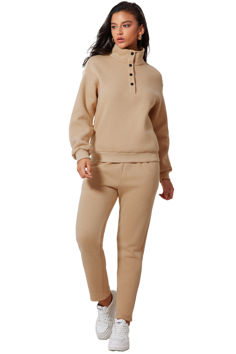 Parchment Solid Set aus Sweatshirt mit halben Knöpfen und Jogginghose mit hoher Taille