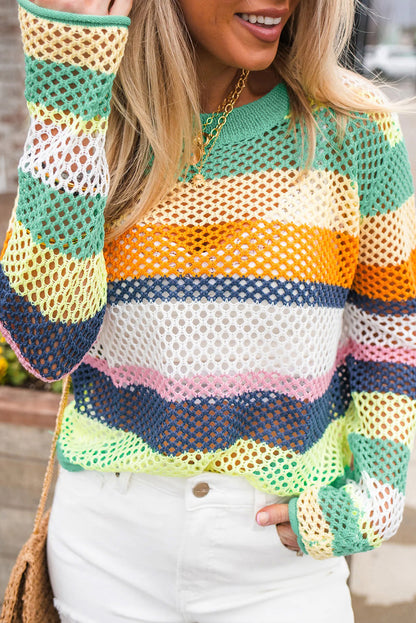 Grüner Colorblock-Patchwork-Strickpullover mit Häkel-Ösen