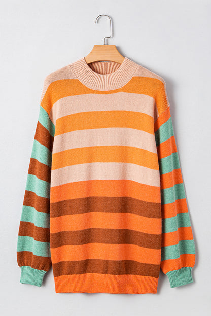 Orange Stripe Color Block High Neck Drop Shoulder Cozy Sweater