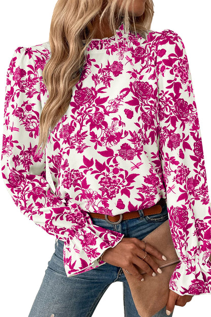 Bluse mit Rosen-Blumendruck, Volantärmeln und Schlüsselloch-Rücken