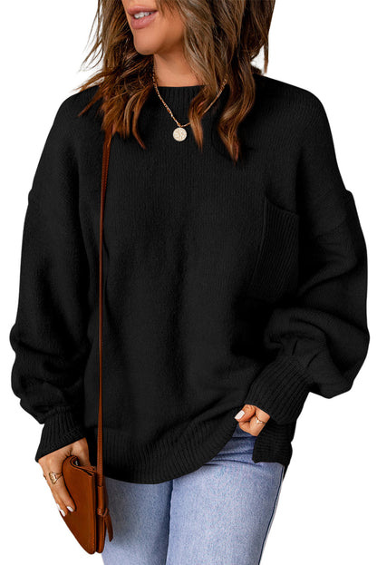 Schwarzer, einfarbiger Pullover mit Puffärmeln und Taschen