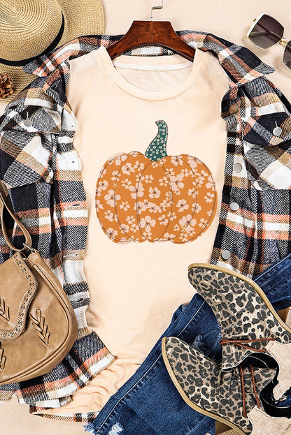 Khakifarbenes T-Shirt mit süßem Blumen- und Kürbis-Grafik