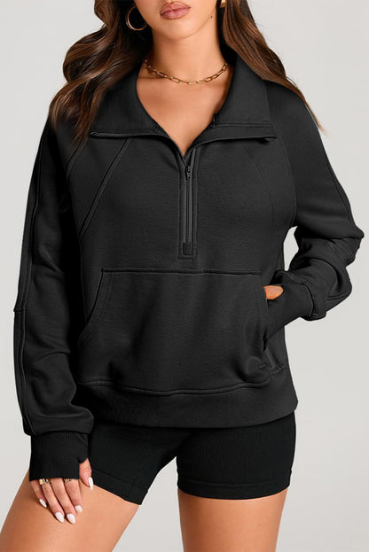 Schwarzes Sweatshirt mit Viertelreißverschluss, Stehkragen und Kängurutasche