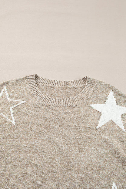 Khakifarbener Pullover mit überschnittener Schulter und Sternmuster