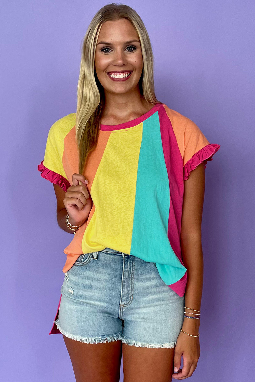 Rosarotes T-Shirt mit Rundhalsausschnitt und lockerer Passform und Farbblock