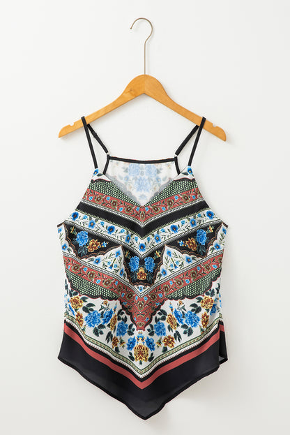 Rotes Tanktop mit Spaghettiträgern und gemischtem Blumenmuster und Chevron-Muster