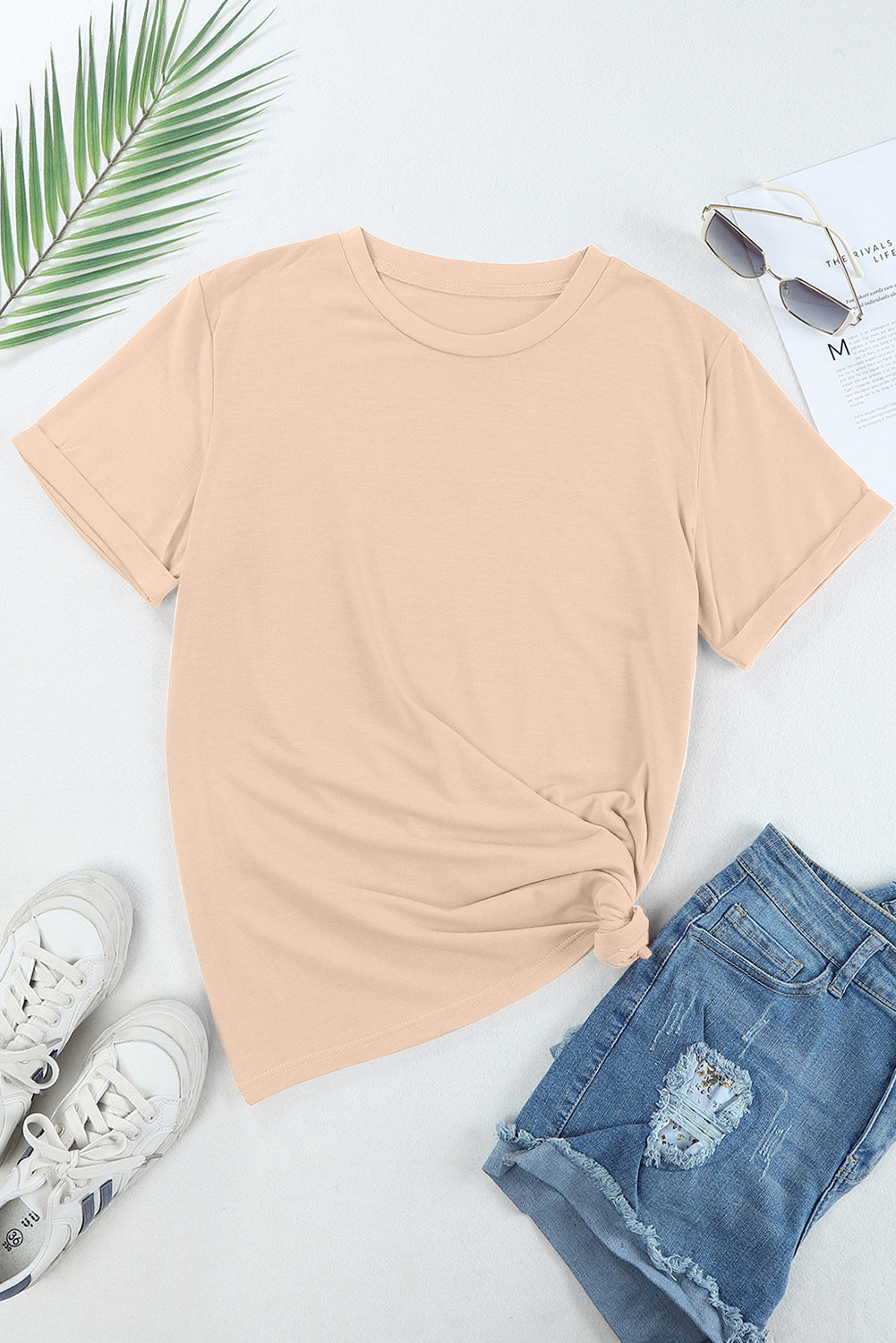 Khakifarbenes, lässiges T-Shirt mit Rundhalsausschnitt
