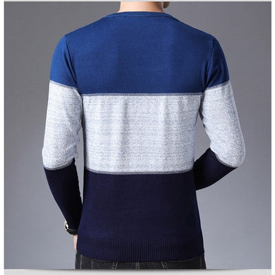 Stay Cozy and Stylish: Winter Pullover Men Round Collar Striped Cotton Sweaters