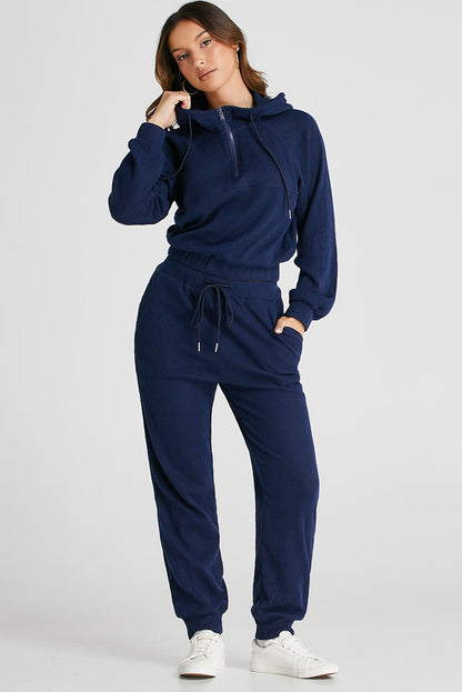 Marineblaues Set aus kurzem Hoodie und Jogginghose mit Kordelzug