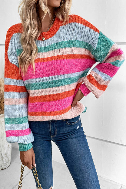 Mehrfarbig gestreifter Strickpullover mit tief angesetzten Schultern und Puffärmeln