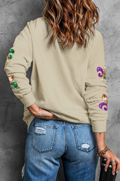 Khakifarbenes Pullover-Sweatshirt mit Mardi Gras-Grafik und Pailletten