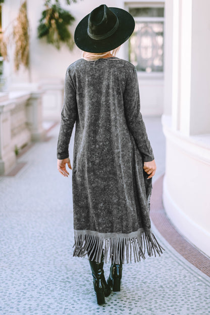 Schwarzer offener Cardigan mit Fransensaum und Taschen