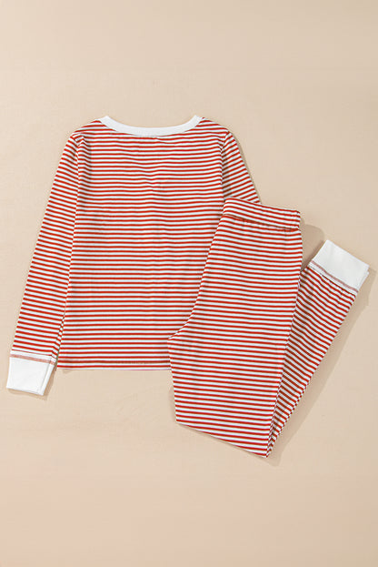 Lounge-Set mit rotem Streifenmuster, geknöpftem V-Ausschnitt und Hose mit geknoteter Taille