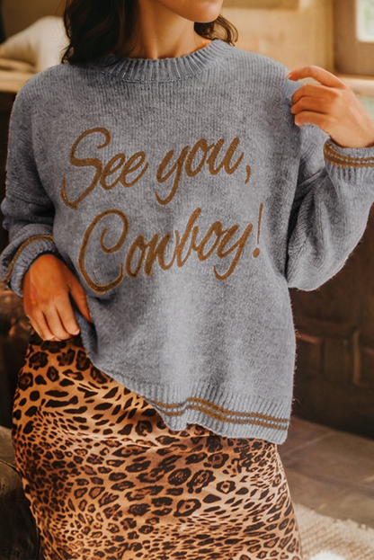 Light Grey See You Cowboy Embroidered Western Graphic Sweater