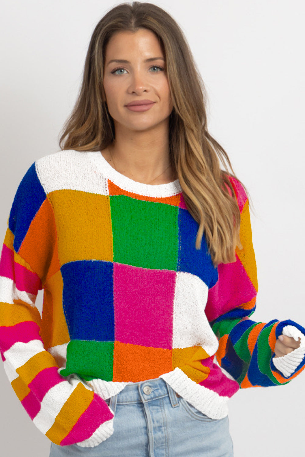 Orange karierter Farbblock-Pullover mit Rundhalsausschnitt und lockerem Schnitt
