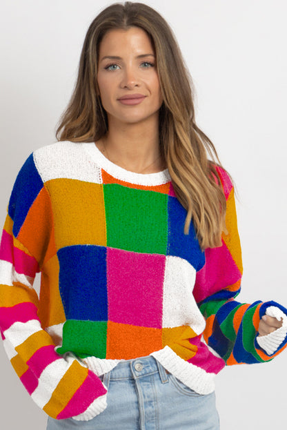 Orange karierter Farbblock-Pullover mit Rundhalsausschnitt und lockerem Schnitt