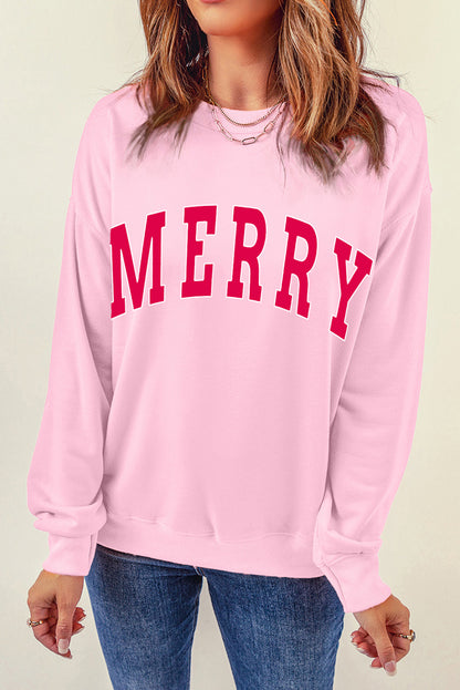 Rosa, locker sitzendes Weihnachts-Sweatshirt mit „MERRY“-Alphabet-Print