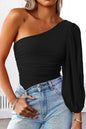 Schwarzes Langarm-Top mit One-Shoulder-Träger aus Netzstoff