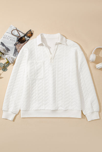 White Textured Pocketed Collared V Neck Pullover Sweatshirt