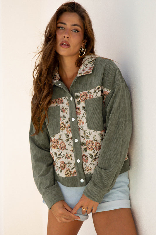 Sage Green Ribbed Retro Floral Patchwork Shirt Style Jacket