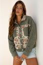Sage Green Ribbed Retro Floral Patchwork Shirt Style Jacket