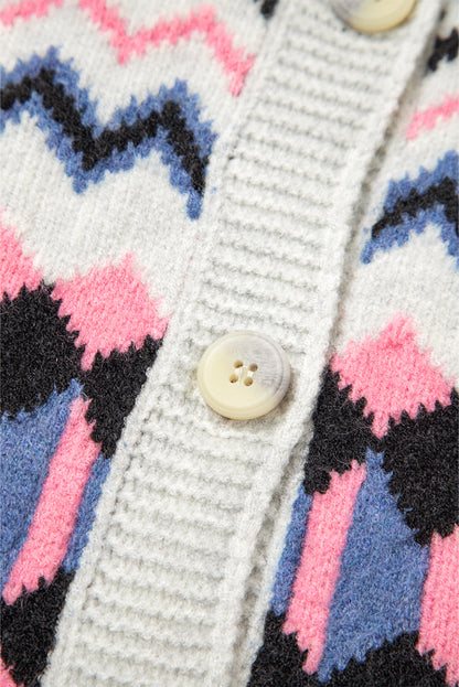 Pink Stripe Geometric Button Up Sweater Cardigan