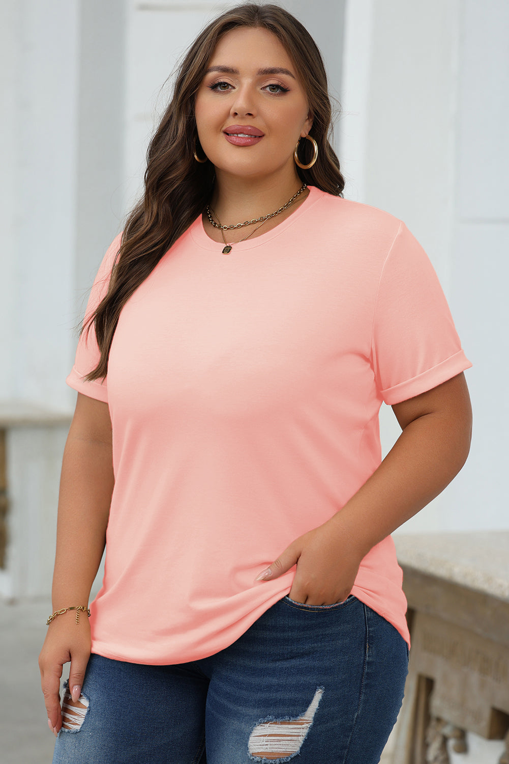 Lässiges, schlichtes Rundhals-T-Shirt in Rosa