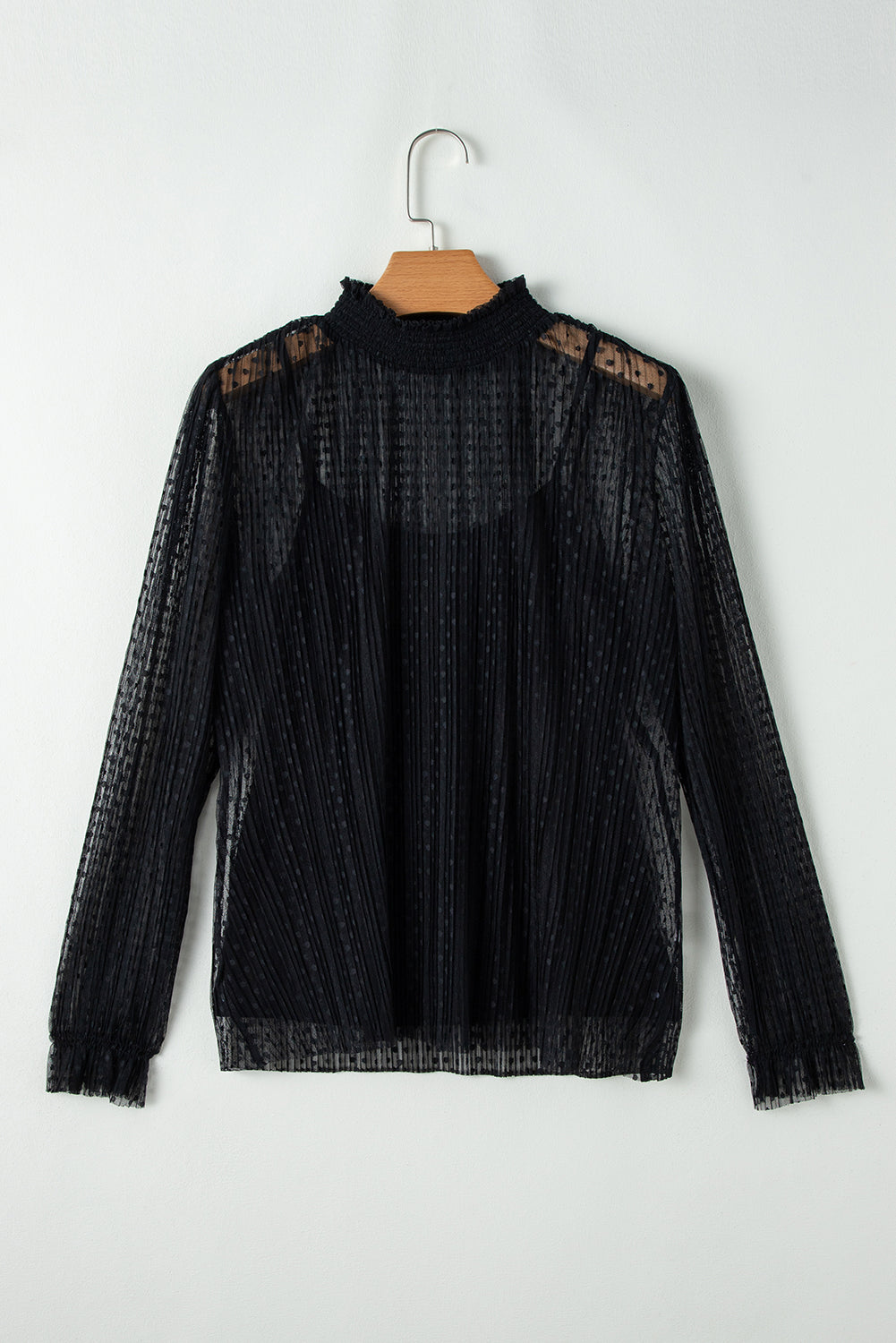 Schwarze Bluse mit transparenter Spitze und Stehkragen und langen Ärmeln