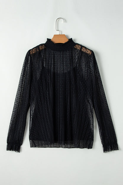 Schwarze Bluse mit transparenter Spitze und Stehkragen und langen Ärmeln
