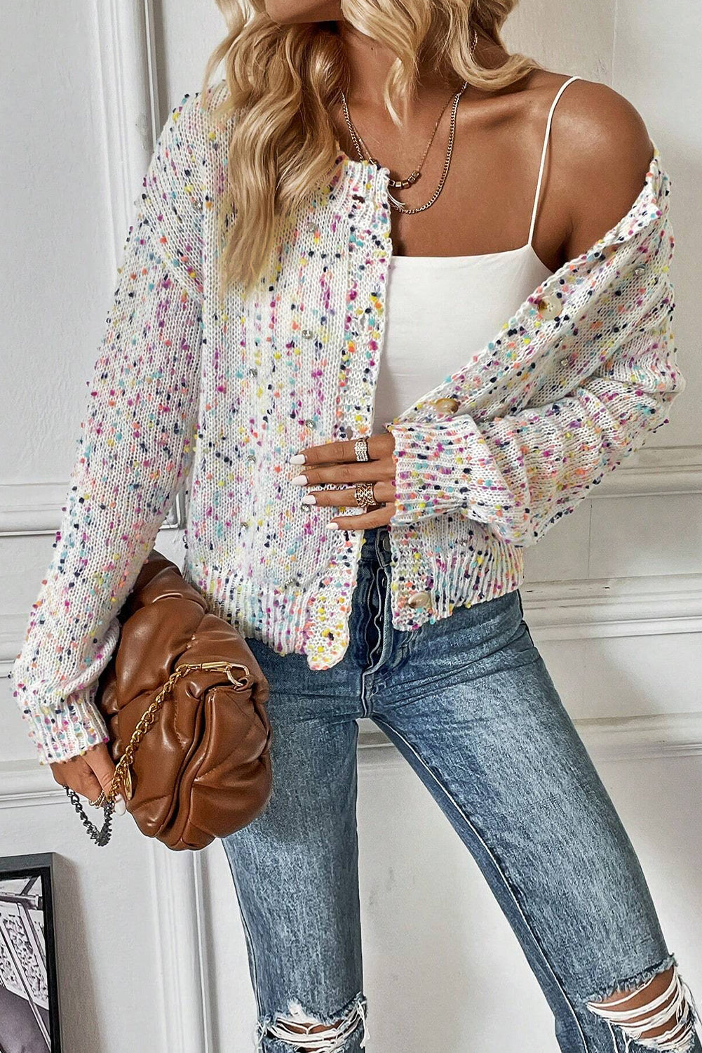 Weißer mehrfarbiger Konfetti-Pullover-Cardigan