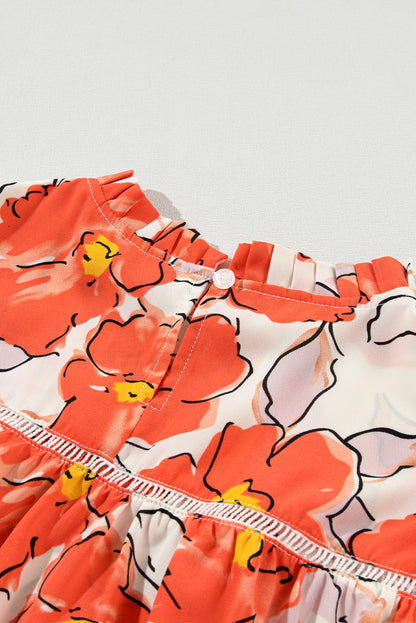 Orangefarbene Bluse mit Blumenmuster, Puffärmeln und Rüschenkragen