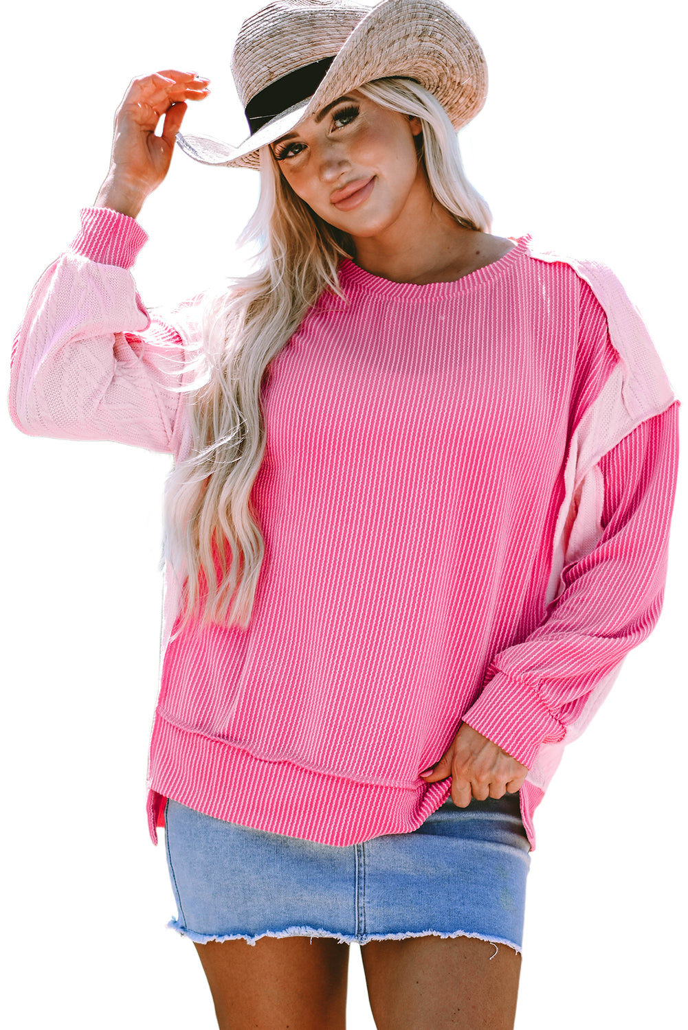 Bonbon – Sweatshirt mit Zopfmuster und sichtbaren Nähten in Colorblock-Optik