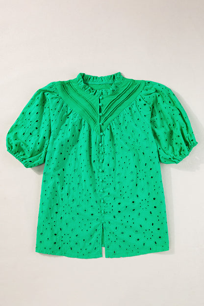 Grüne Bluse mit Blumenstickerei und Puffärmeln