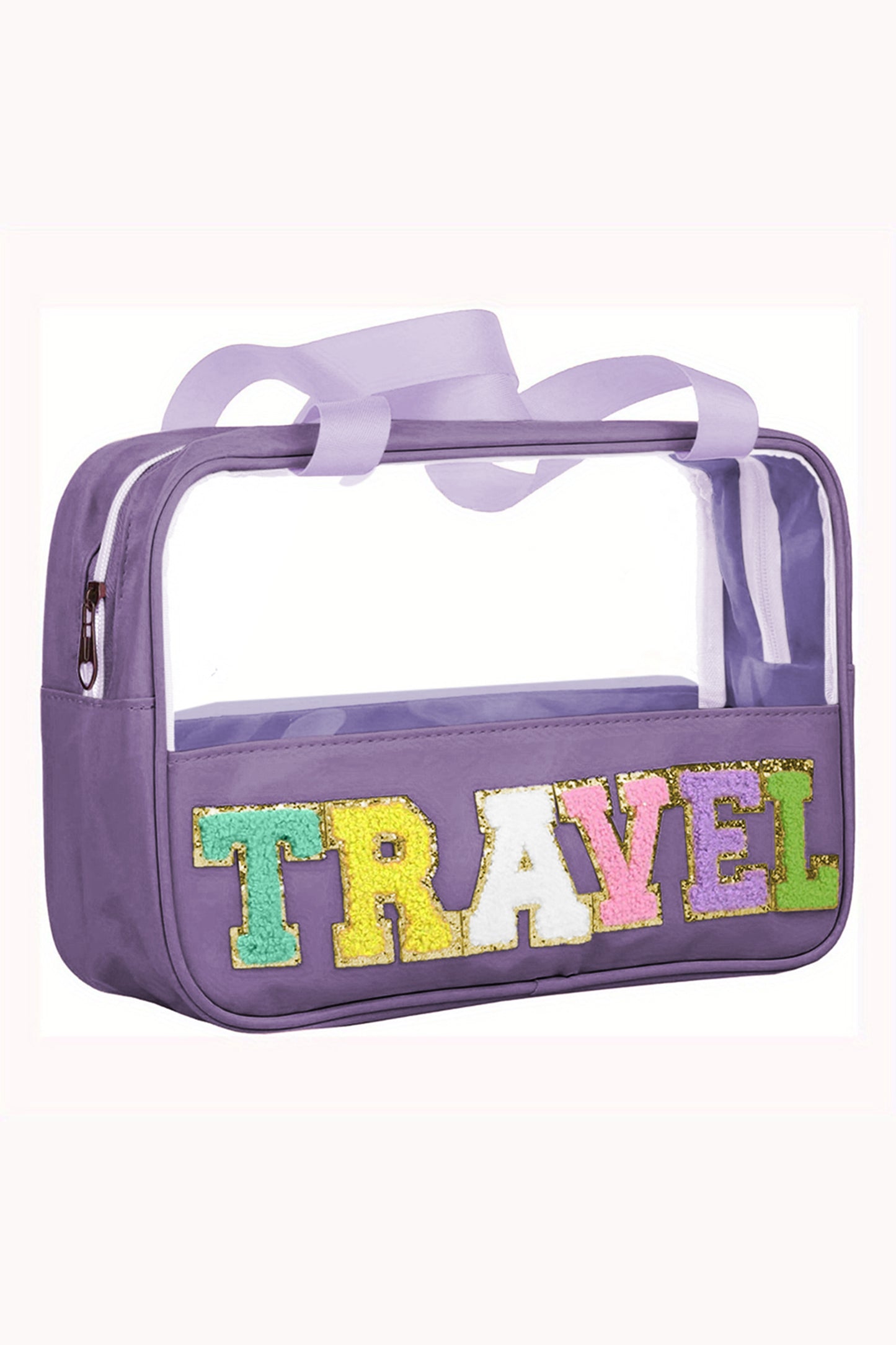 Lilafarbene Kosmetiktasche aus Chenille mit Buchstaben, transparent, PVC