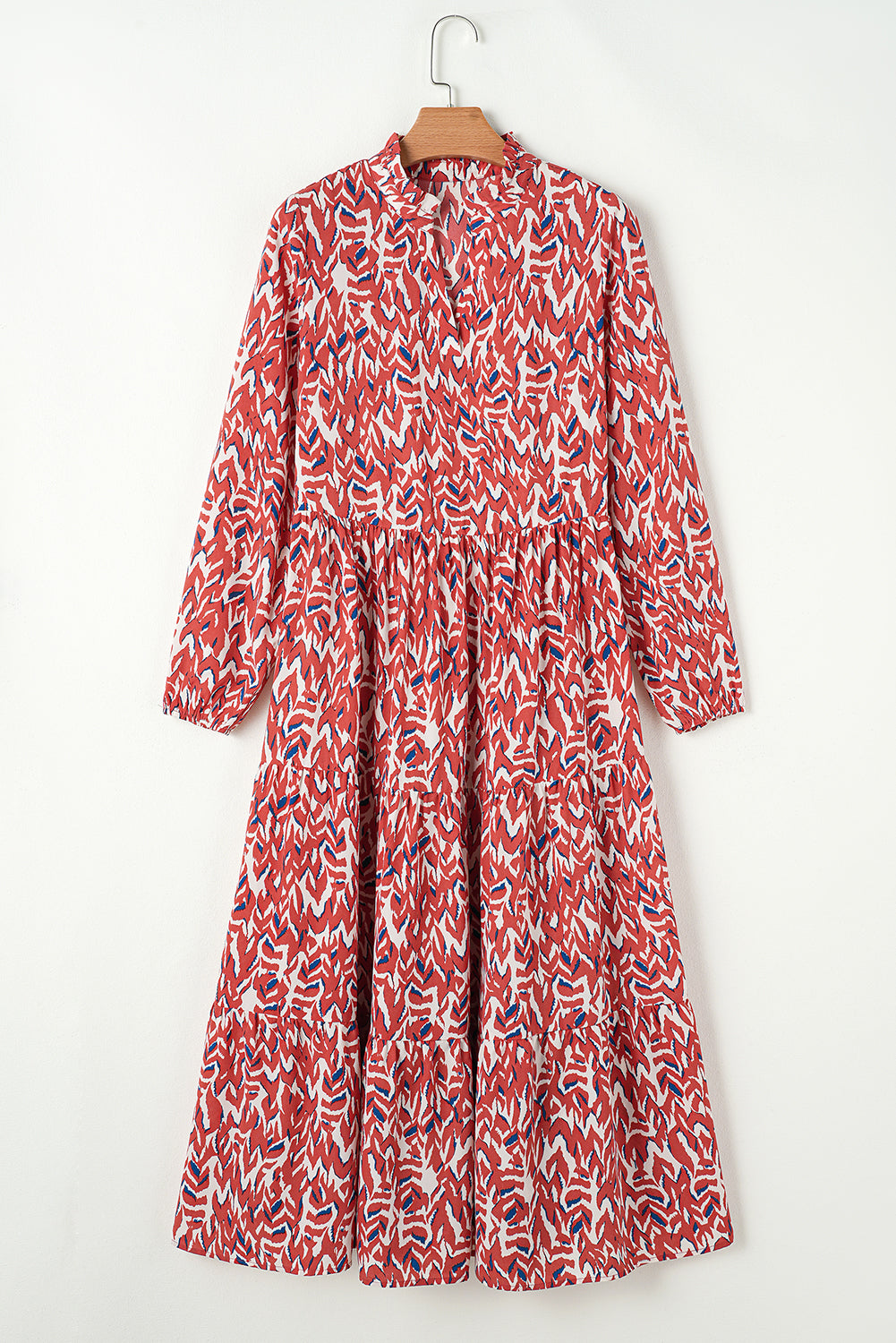 Oranges Midikleid mit abstraktem Print, V-Ausschnitt und hoher Taille