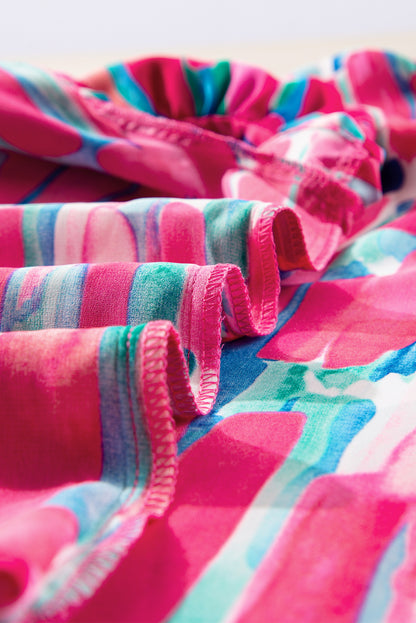 Bluse mit V-Ausschnitt und abstraktem Pinseldruck und Rüschenärmeln