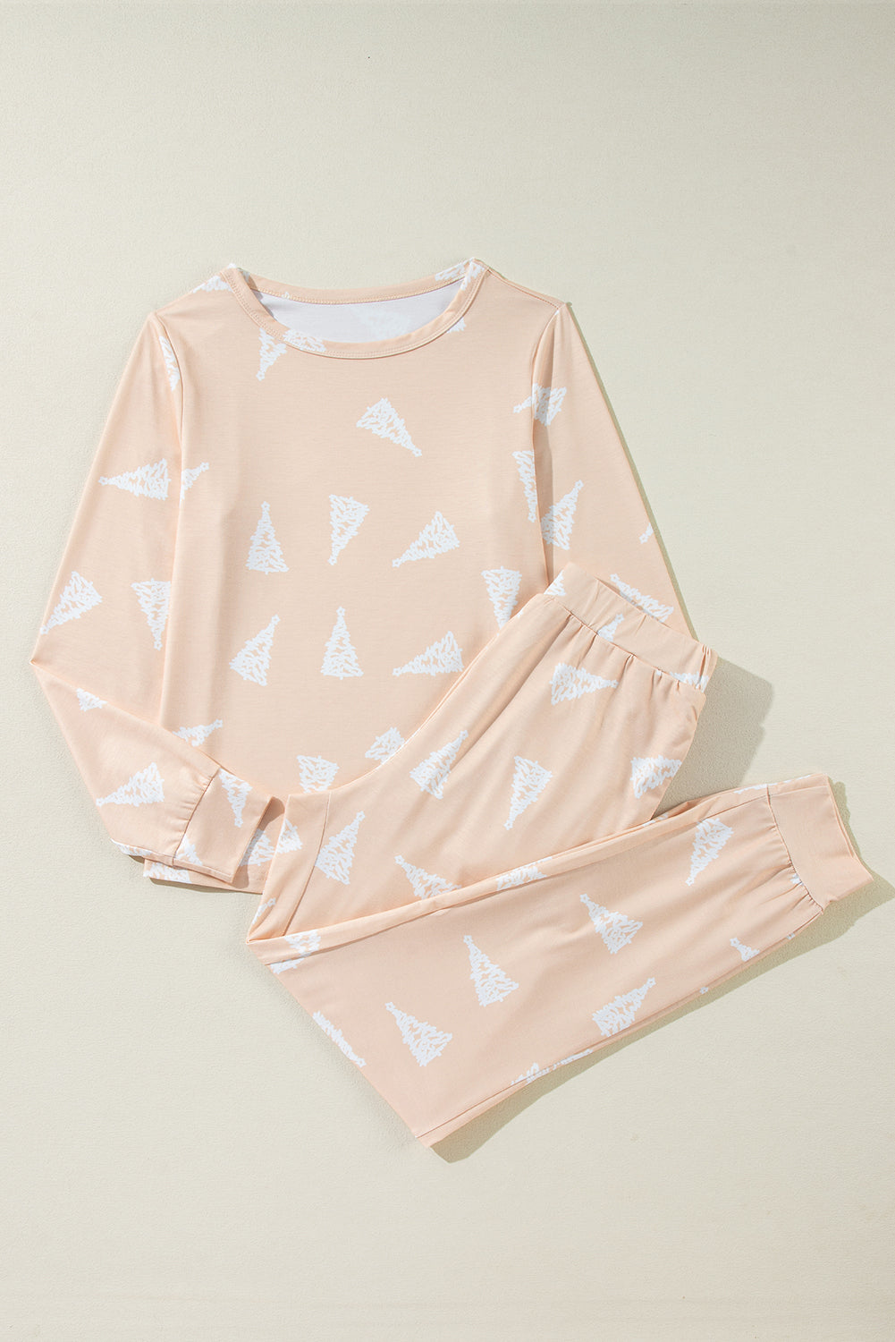 Aprikosenfarbenes, zweiteiliges Pyjama-Set mit Weihnachtsbaum-Print und lockerer Passform