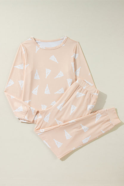 Aprikosenfarbenes, zweiteiliges Pyjama-Set mit Weihnachtsbaum-Print und lockerer Passform