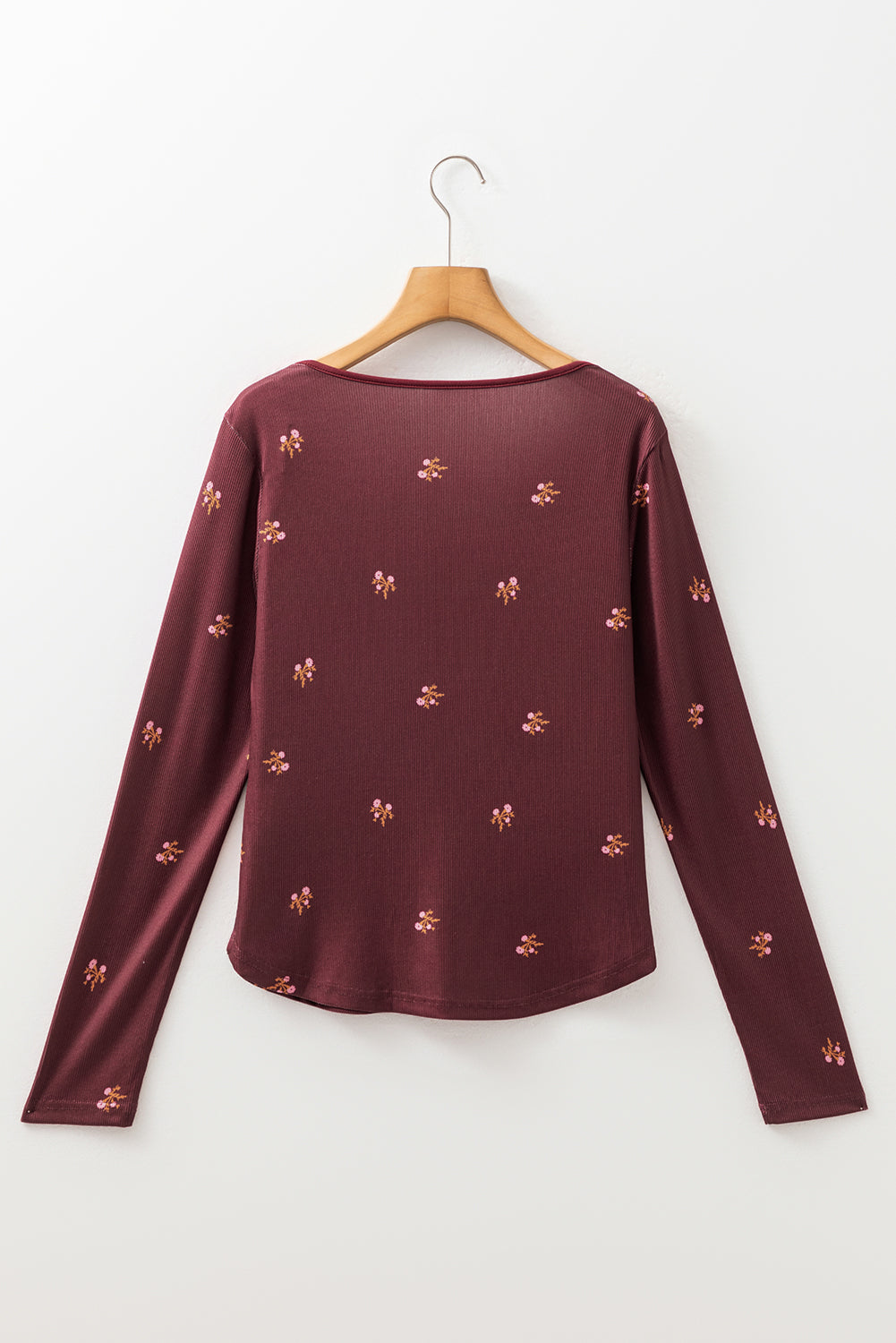 Burgundy Notched Neck Floral Print Ribbed Long Sleeve Top