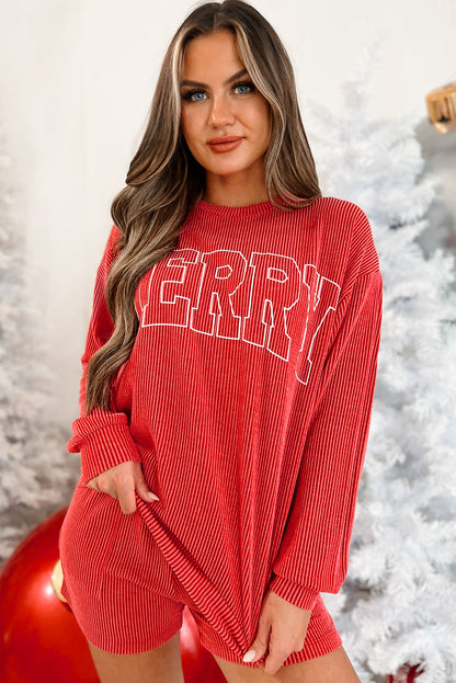 Racing Red Corded MERRY Graphic Langarm-Top und Shorts Set