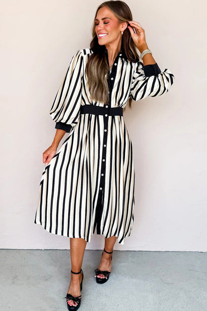 Black Stripe 3/4 Puff Sleeve Shirt Style Button Down Midi Dress