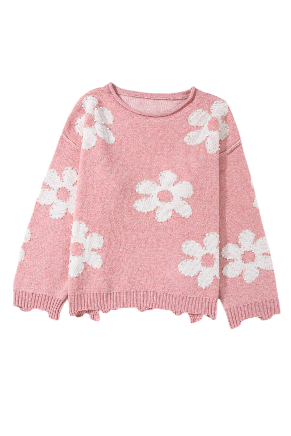 Mehrfarbiger Pullover mit Perlen und Blumenmuster und überschnittener Schulter
