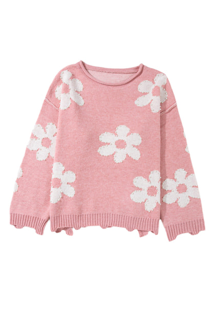 Mehrfarbiger Pullover mit Perlen und Blumenmuster und überschnittener Schulter