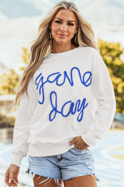 Weißes Lametta-Sweatshirt mit Game Day-Grafik und überschnittener Schulter