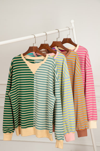 Rosa gestreiftes, lässiges, gestreiftes Colorblock-Sweatshirt mit überschnittener Schulter