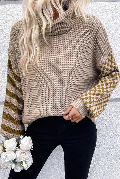 Rauchgrau gestreifter karierter Patchwork-Rollkragenpullover mit Waffelstrick