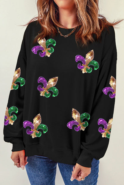 Schwarzes Pullover-Sweatshirt mit Mardi Gras-Grafik und Pailletten