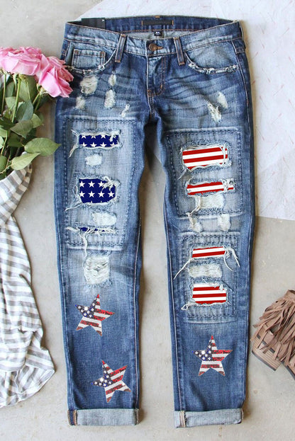Himmelblaue, gerade Jeans mit Pailletten und amerikanischer Flagge und Stern-Grafik im Used-Look