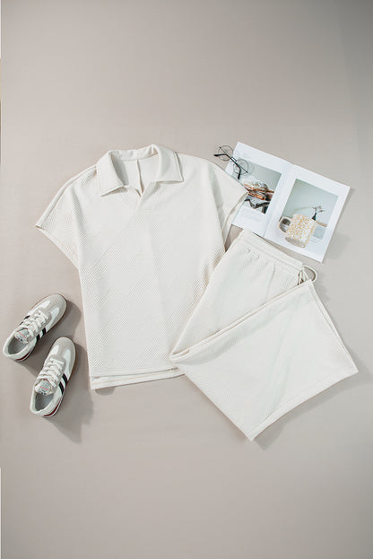 Beiges Plus Size Set aus strukturiertem Oberteil und Hose mit Kragen